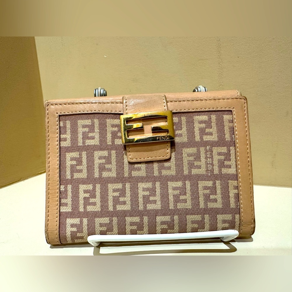 Fendi Zuccino Beige Leather and Canvas Bifold Wallet